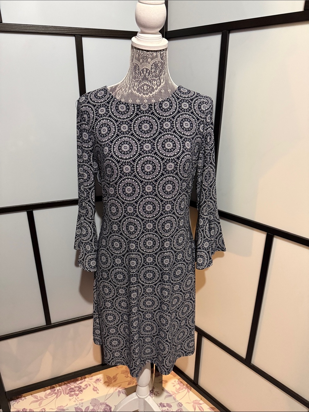 Tommy Hilfiger Navy and White Medallion-Print Bell-Sleeve Midi Dress